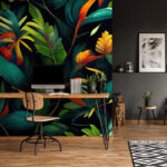 Fotobehang Levendige tropische bladeren en bloemen.