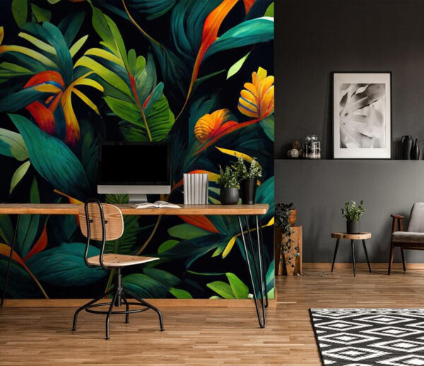 Levendige tropische bladeren en bloemen Fotobehang Levendige tropische bladeren en bloemen