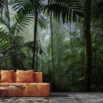 Fotobehang Dichte jungle met mistige sfeer.
