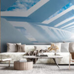 Fotobehang Witte structuur met blauwe lucht en wolken