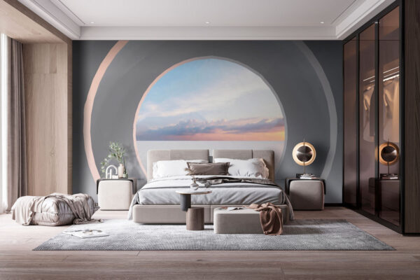 Witte kamer met een ronde deuropening Fotobehang Witte kamer met een ronde deuropening