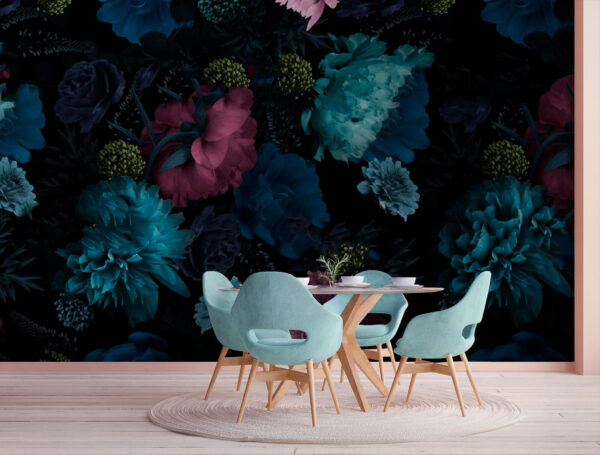 Kleurrijke bloesems op een donkere achtergrond Fotobehang Kleurrijke bloesems op een donkere achtergrond