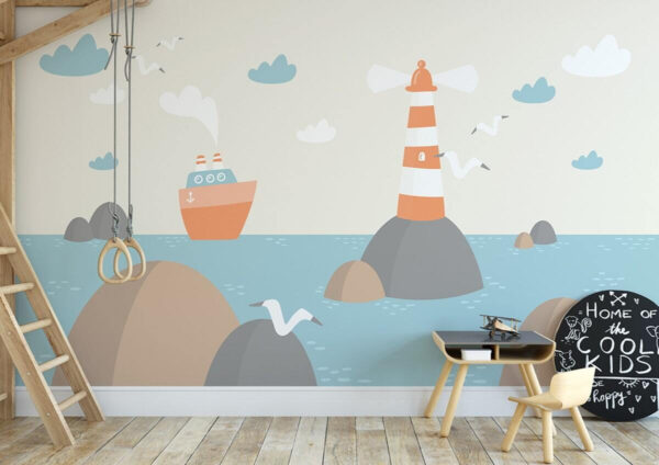 Spotprent van een vuurtoren en een boot Fotobehang Spotprent van een vuurtoren en een boot