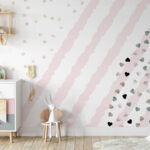 Fotobehang Roze en wit gestreepte achtergrond met kleine hartjes