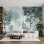 Fotobehang Mistig bos met bomen en planten