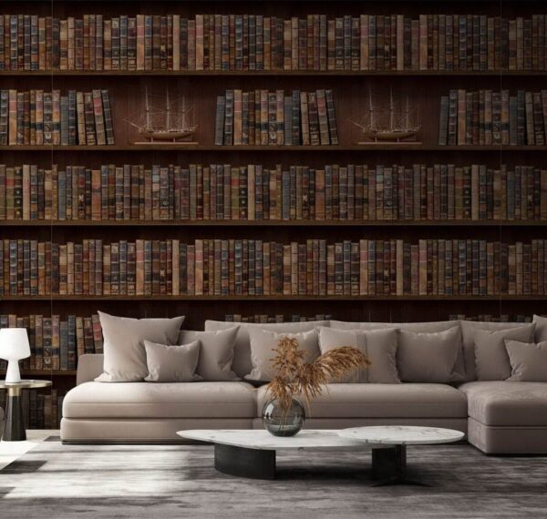 Muur van boeken met boten erop Fotobehang Muur van boeken met boten erop