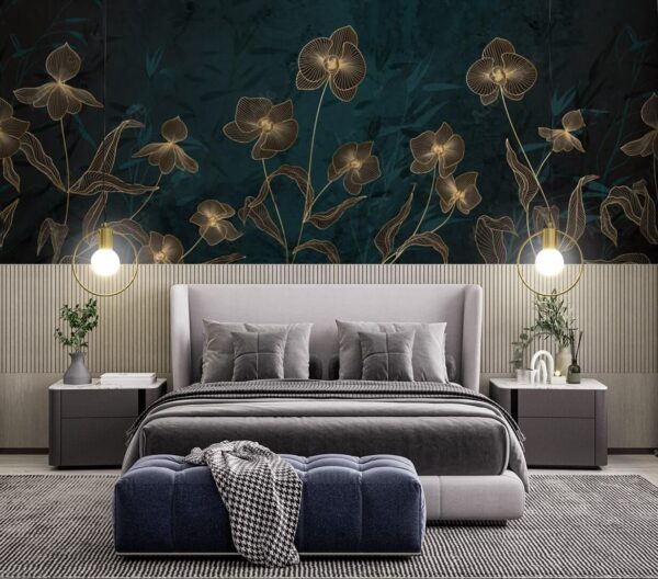 Elegant bloemmotief op donkere achtergrond Fotobehang Elegant bloemmotief op donkere achtergrond