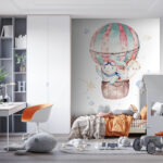 Fotobehang Aquarel illustratie van een persoon in een heteluchtballon