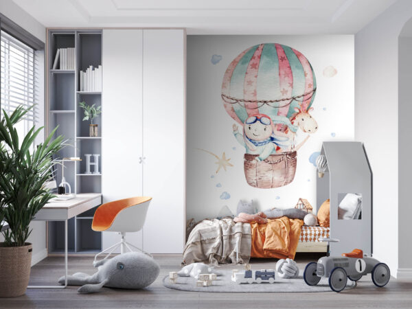 Aquarel illustratie van een persoon in een heteluchtballon Fotobehang Aquarel illustratie van een persoon in een heteluchtballon