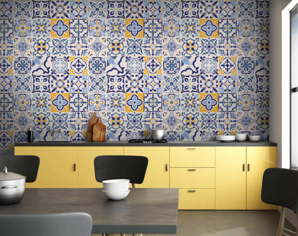 Patroon van blauwe en gele tegels Fotobehang Patroon van blauwe en gele tegels