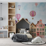 Fotobehang Groep gebouwen met heteluchtballonnen