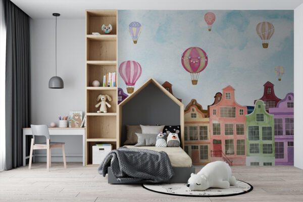 Groep gebouwen met heteluchtballonnen Fotobehang Groep gebouwen met heteluchtballonnen