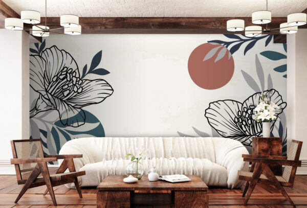 Witte achtergrond met zwarte en witte bloemen en bladeren Fotobehang Witte achtergrond met zwarte en witte bloemen en bladeren