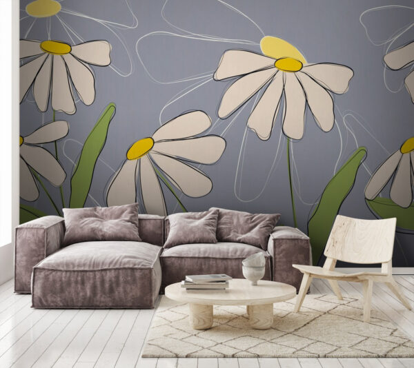 Tekening van bloemen op een grijze achtergrond Fotobehang Tekening van bloemen op een grijze achtergrond
