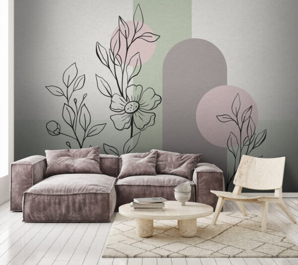 Tekening van een bloem en bladeren Fotobehang Tekening van een bloem en bladeren
