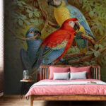 Fotobehang Groep kleurrijke vogels op een boomtak