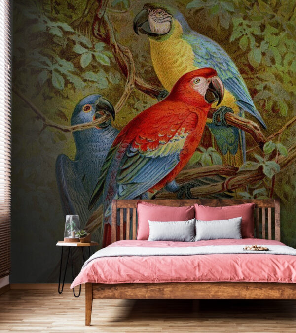 Groep kleurrijke vogels op een boomtak Fotobehang Groep kleurrijke vogels op een boomtak