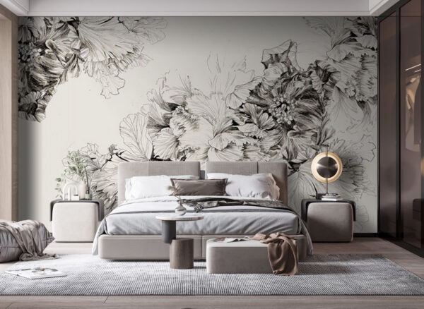 Tekening van bloemen op een witte achtergrond Fotobehang Tekening van bloemen op een witte achtergrond