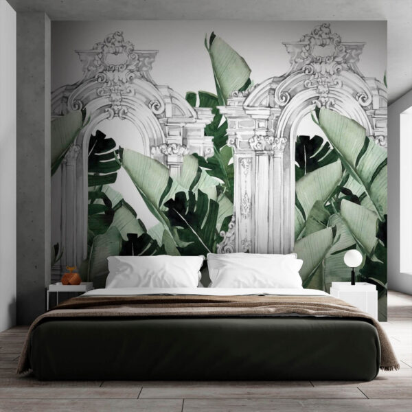 Witte boog met groene bladeren Fotobehang Witte boog met groene bladeren