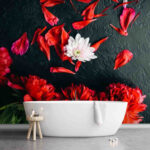 Fotobehang Groep rode bloemen met bloemblaadjes op een zwart vlak