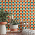 Fotobehang Patroon van oranje en blauwe bladeren