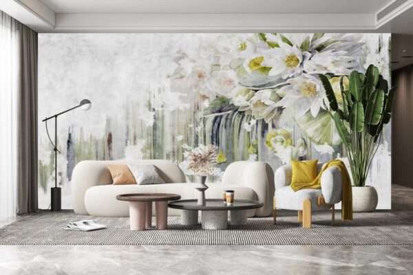 Schilderij van bloemen op een witte achtergrond Fotobehang Schilderij van bloemen op een witte achtergrond