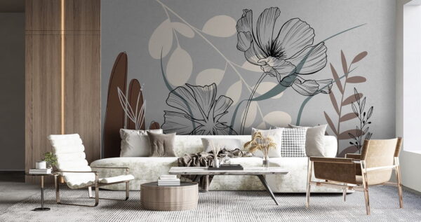 Tekening van bloemen en bladeren Fotobehang Tekening van bloemen en bladeren