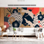 Fotobehang Kraanvogels zweven boven decoratieve bloesems
