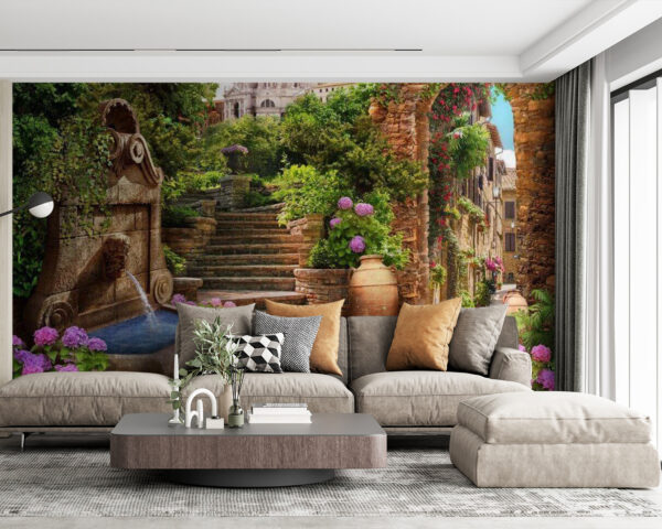 Stenen pad met fontein en trappen en bloemen Fotobehang Stenen pad met fontein en trappen en bloemen