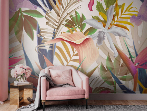 Kleurrijke tropische bladeren en bloemen Fotobehang Kleurrijke tropische bladeren en bloemen