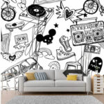 Fotobehang Retro doodles en muziek vibes.