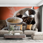 Fotobehang Kopje koffie met stoom en koffiebonen