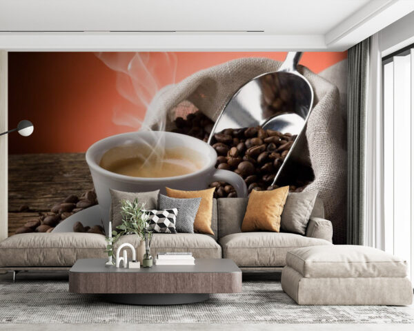 Kopje koffie met stoom en koffiebonen Fotobehang Kopje koffie met stoom en koffiebonen