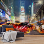Fotobehang Rode sportwagen in brand