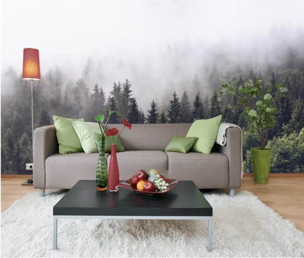 Bos van bomen met mist Fotobehang Bos van bomen met mist
