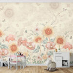 Fotobehang Behang met bloemen en vlinders