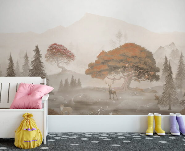 Schilderij van een bos met bomen en bergen Fotobehang Schilderij van een bos met bomen en bergen