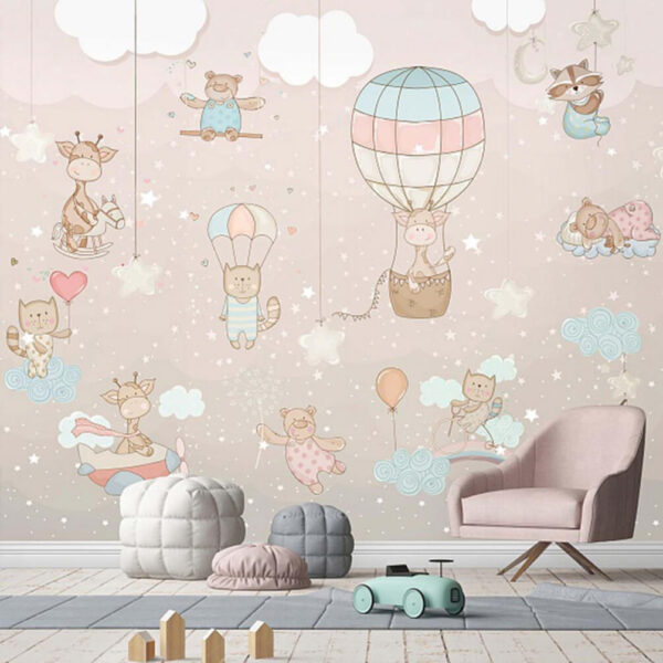 Muurschildering van dieren en ballonnen Fotobehang Muurschildering van dieren en ballonnen