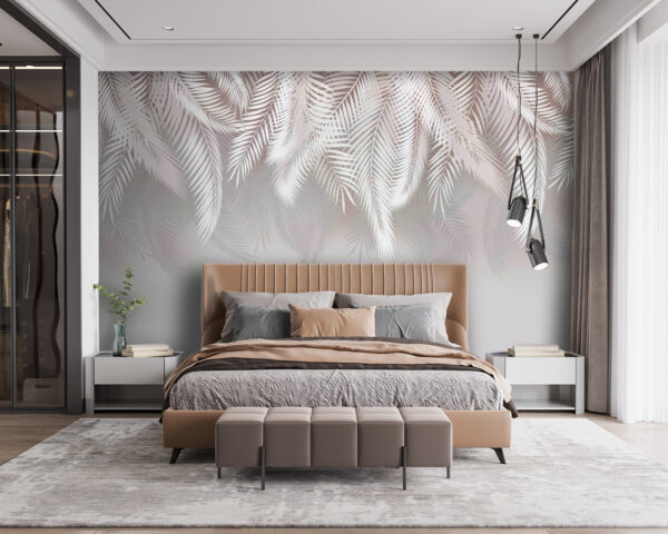 Witte palmbladeren op beige achtergrond Fotobehang Witte palmbladeren op beige achtergrond