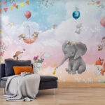Fotobehang Muurschildering van dieren en ballonnen