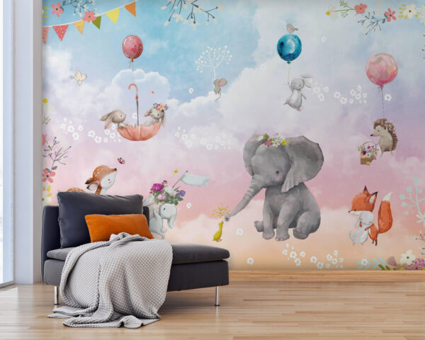 Muurschildering van dieren en ballonnen Fotobehang Muurschildering van dieren en ballonnen