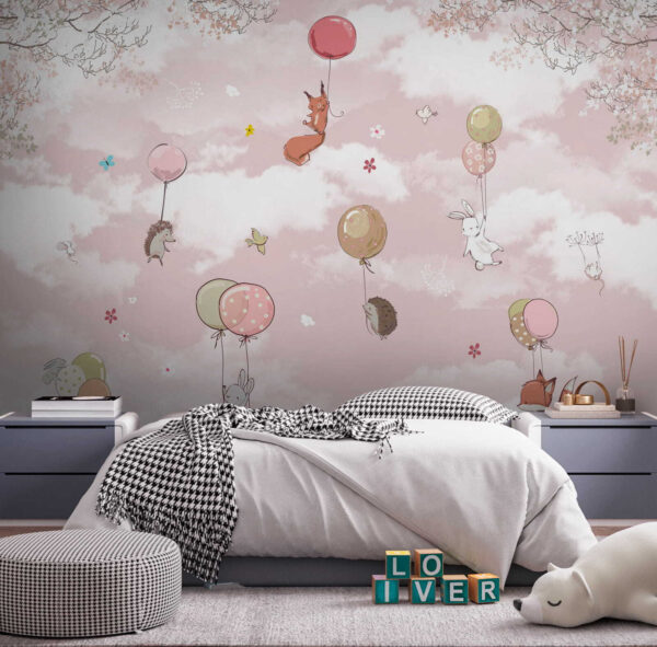Drijvende dieren met kleurrijke ballonnen Fotobehang Drijvende dieren met kleurrijke ballonnen