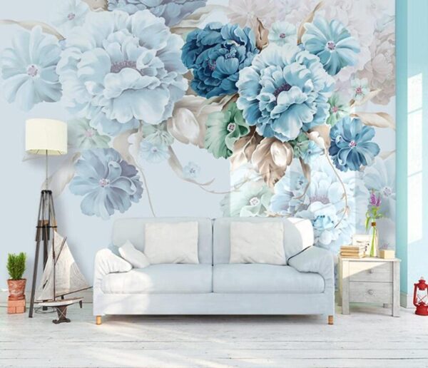 Elegante groenblauwe bloesems in zachte harmonie Fotobehang Elegante groenblauwe bloesems in zachte harmonie