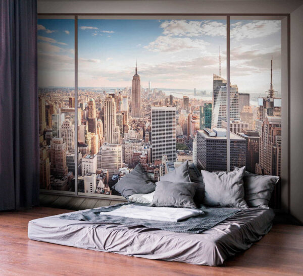 Skyline uitzicht door groot raam Fotobehang Skyline uitzicht door groot raam