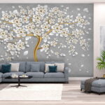 Fotobehang Boom met witte bloemen en bladeren
