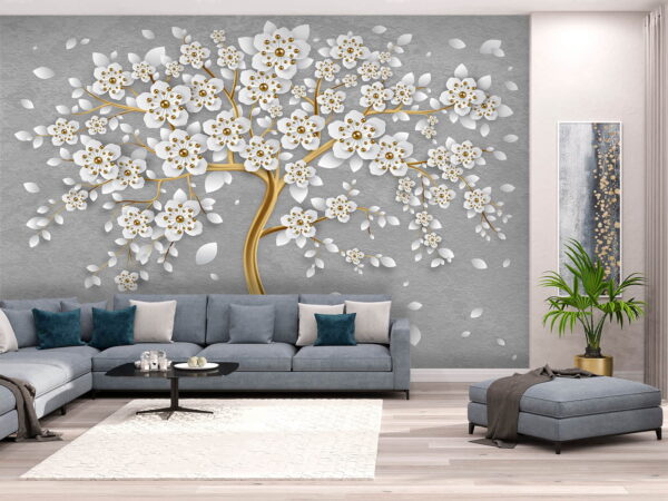 Boom met witte bloemen en bladeren Fotobehang Boom met witte bloemen en bladeren