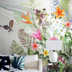 Fotobehang Schilderij van bloemen en vlinders