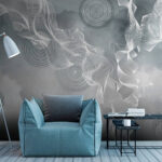 Fotobehang Witte en zwarte wervelingen op een grijze achtergrond