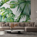 Fotobehang Tropische bladeren in aquarelpatroon