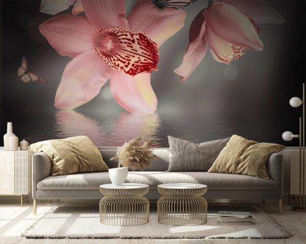 Fotobehang Roze orchideeën en vlinders op een tak